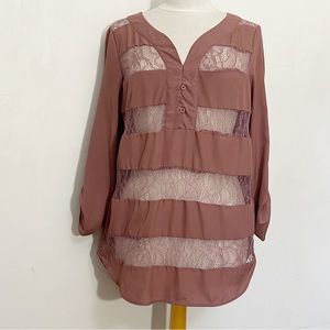 MOSSIMO lace stripe high low hem tab sleeve longer length polyester crepe top L